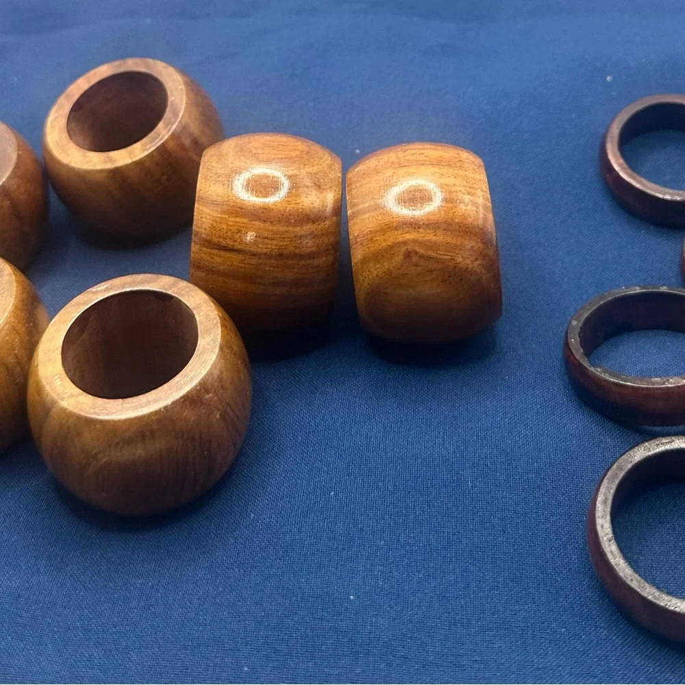 Vintage Mid-Century Modern Wooden Napkin Ring Set - 10 Piece